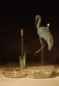 Heron Oil Lamp with Bull Rush